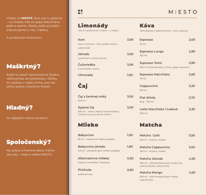 Nápojový lístok MIESTO